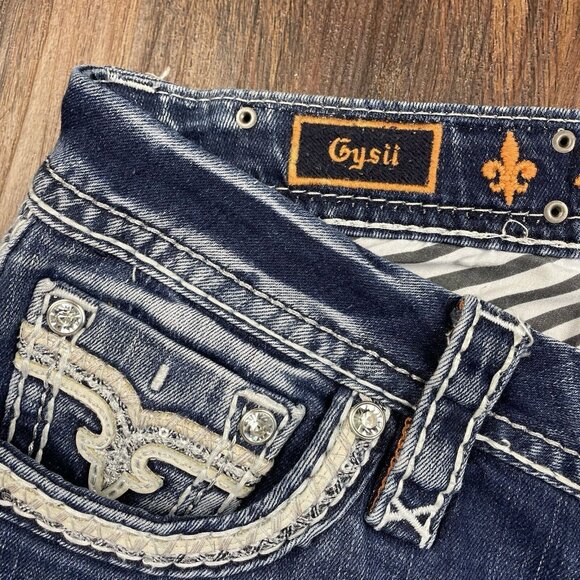 Rock Revival Easy Boot Cut Jeans Women 30 Blue Dark Wash Rhinestone Sequin - Picture 5 of 14